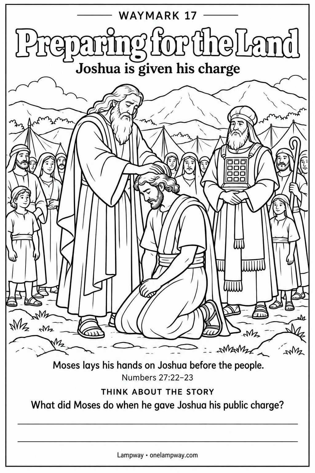 Moses lays his hands on Joshua before the people. Numbers 27:22-23. What did Moses do when he gave Joshua his public charge?
