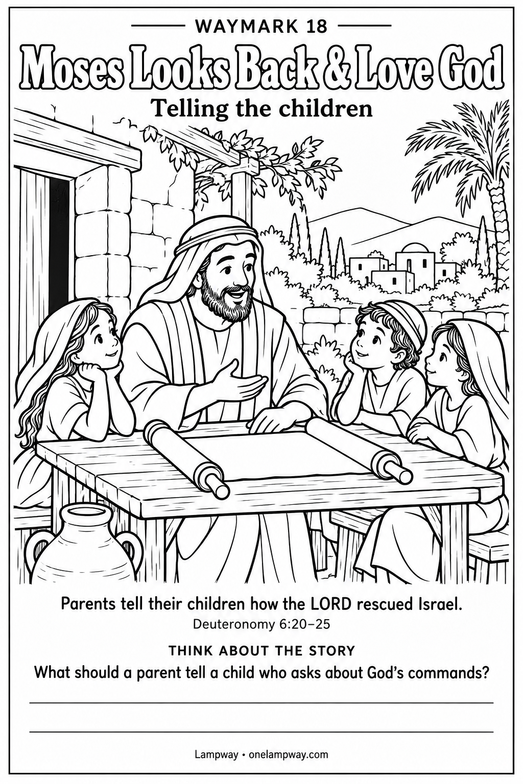 Parents tell their children how the LORD rescued Israel. Deuteronomy 6:20-25. What should a parent tell a child who asks about God's commands?