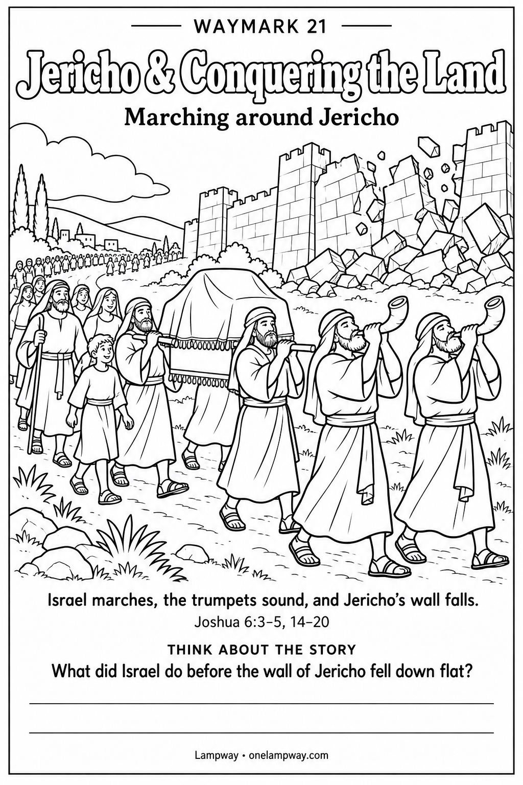 Israel marches, the trumpets sound, and Jericho’s wall falls. Joshua 6:3-5, 14-20. What did Israel do before the wall of Jericho fell down flat?