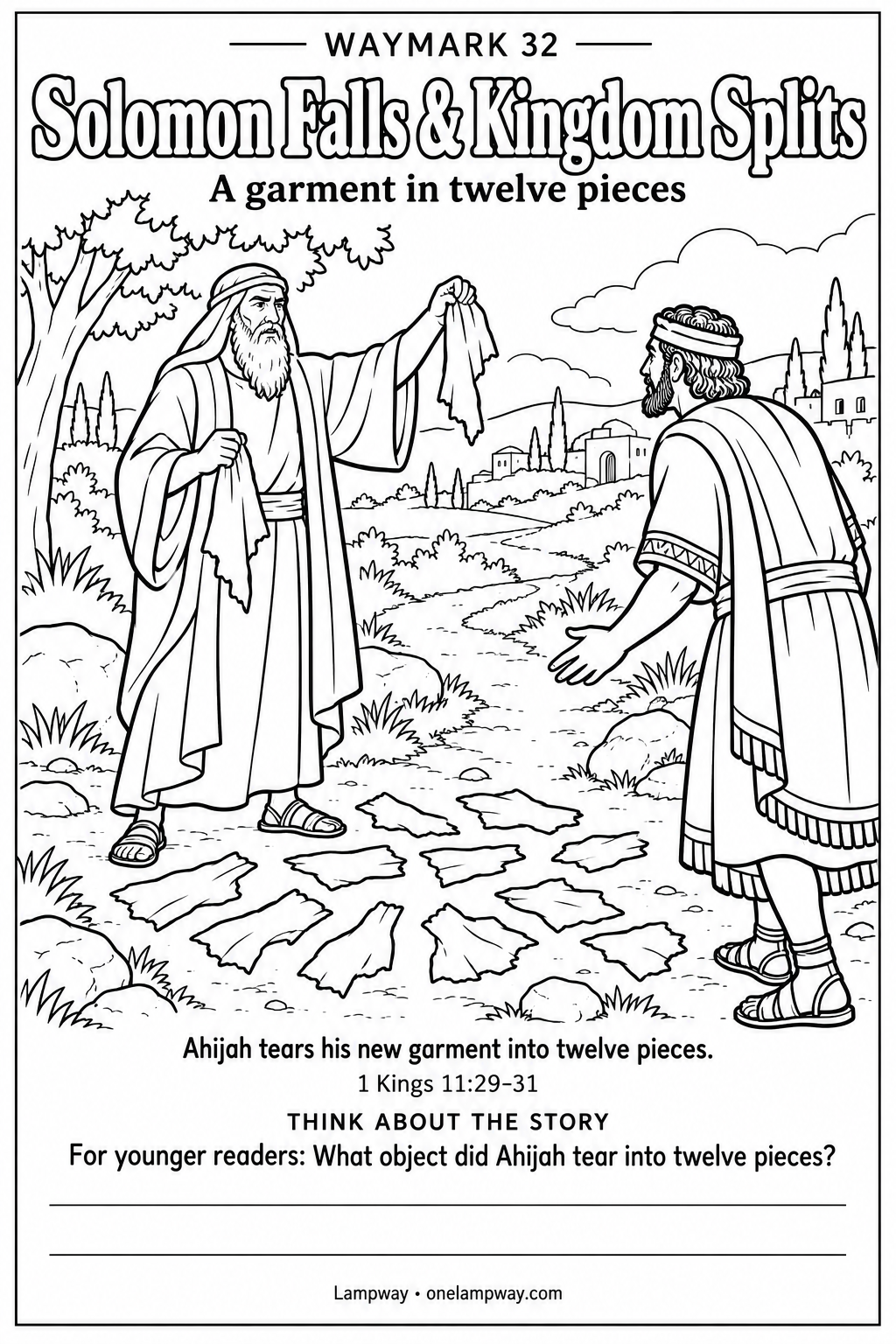 Ahijah tears his new garment into twelve pieces. 1 Kings 11:29-31. For younger readers: What object did Ahijah tear into twelve pieces?