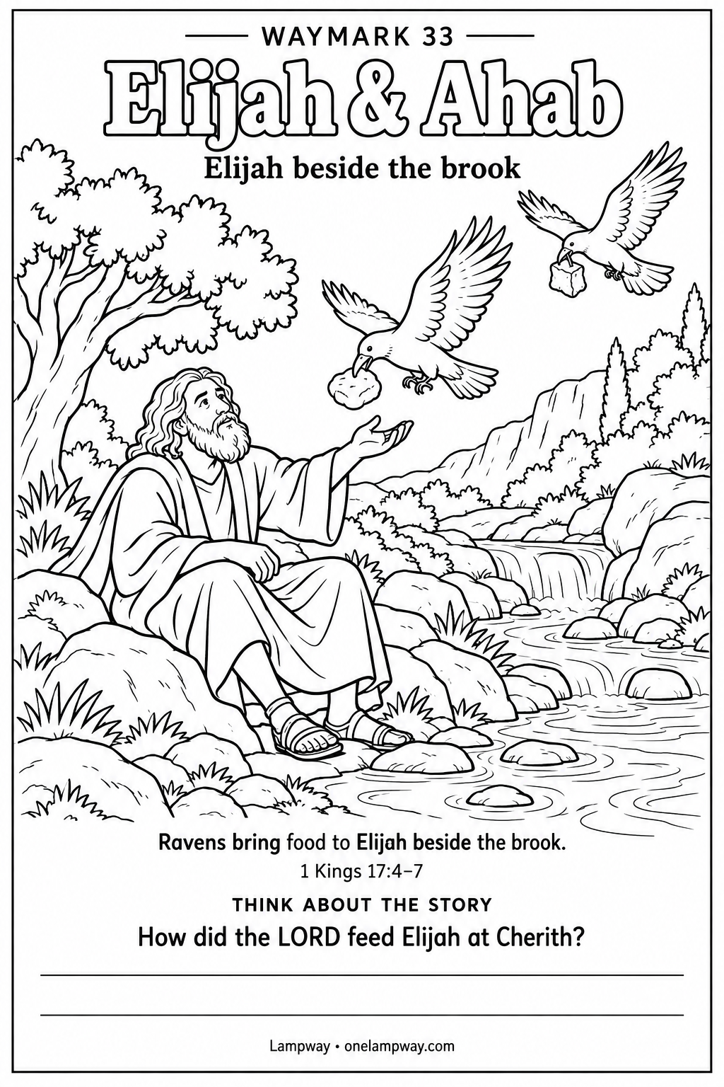 Ravens bring food to Elijah beside the brook. 1 Kings 17:4-7. How did the LORD feed Elijah at Cherith?