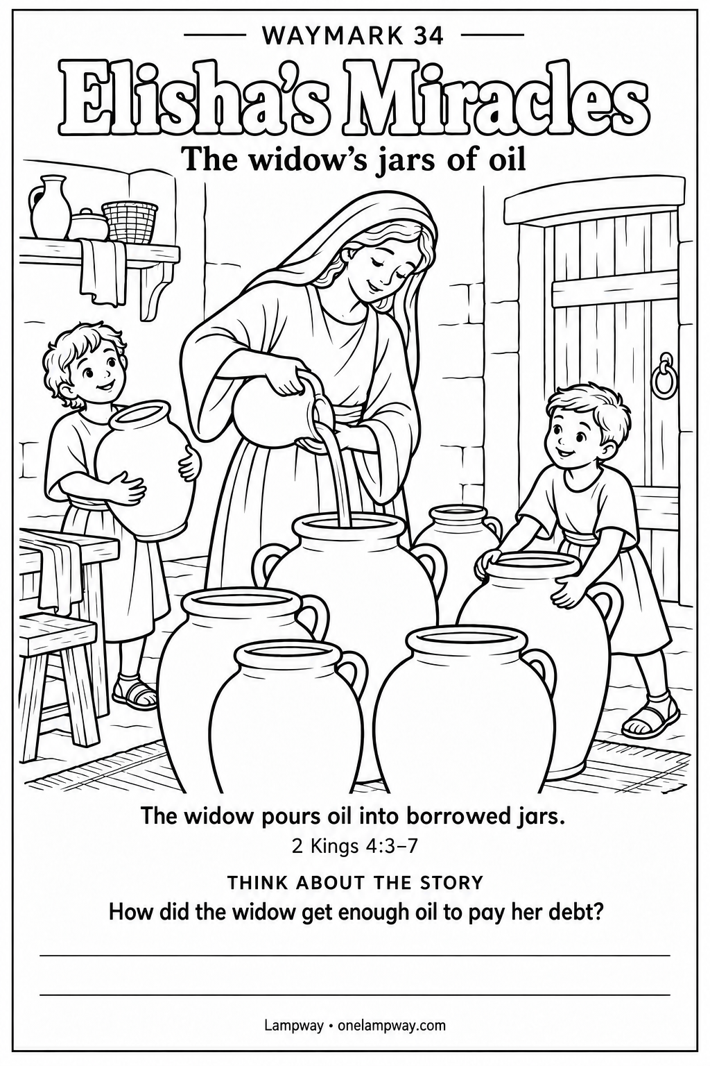 The widow pours oil into borrowed jars. 2 Kings 4:3-7. How did the widow get enough oil to pay her debt?