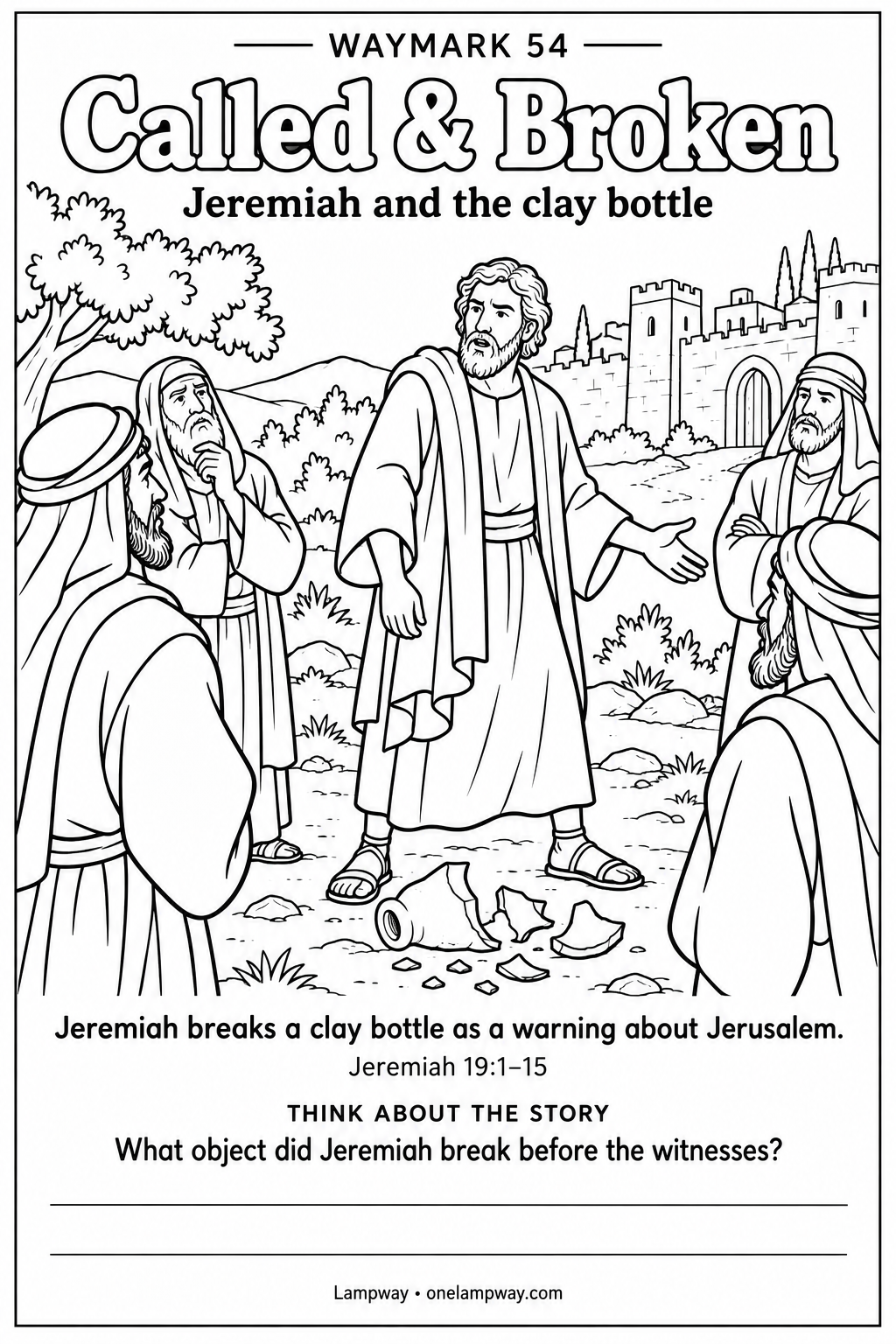 Jeremiah breaks a clay bottle as a warning about Jerusalem. Jeremiah 19:1-15. What object did Jeremiah break before the witnesses?