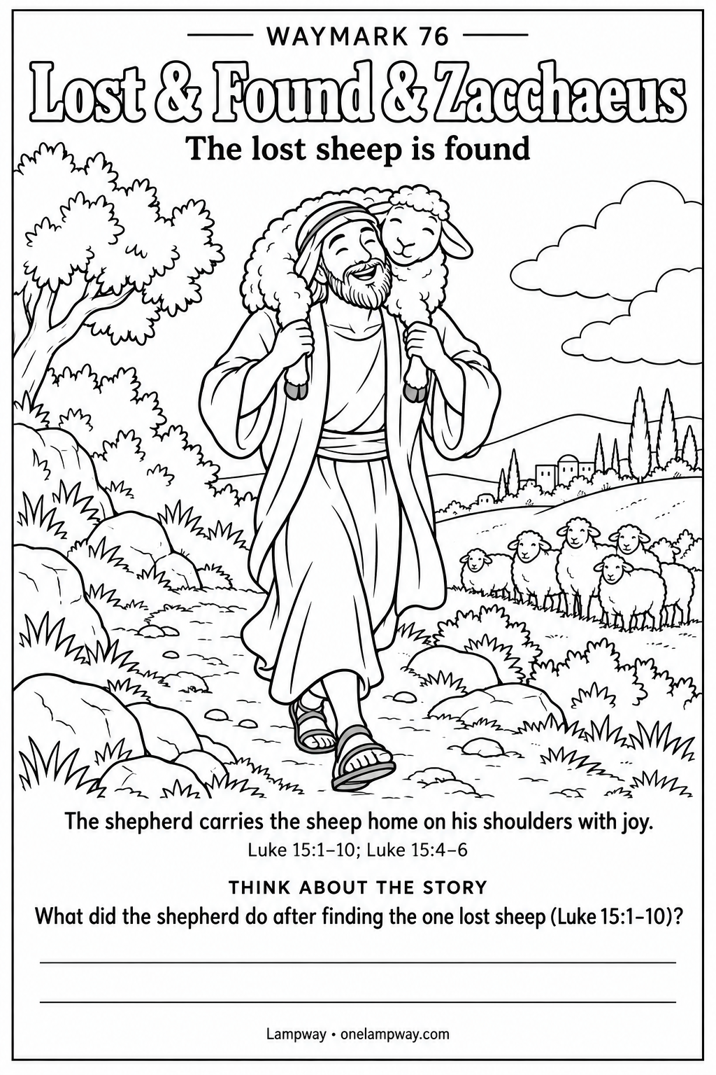 The shepherd carries the sheep home on his shoulders with joy. Luke 15:1-10; Luke 15:4-6. What did the shepherd do after finding the one lost sheep (Luke 15:1-10)?