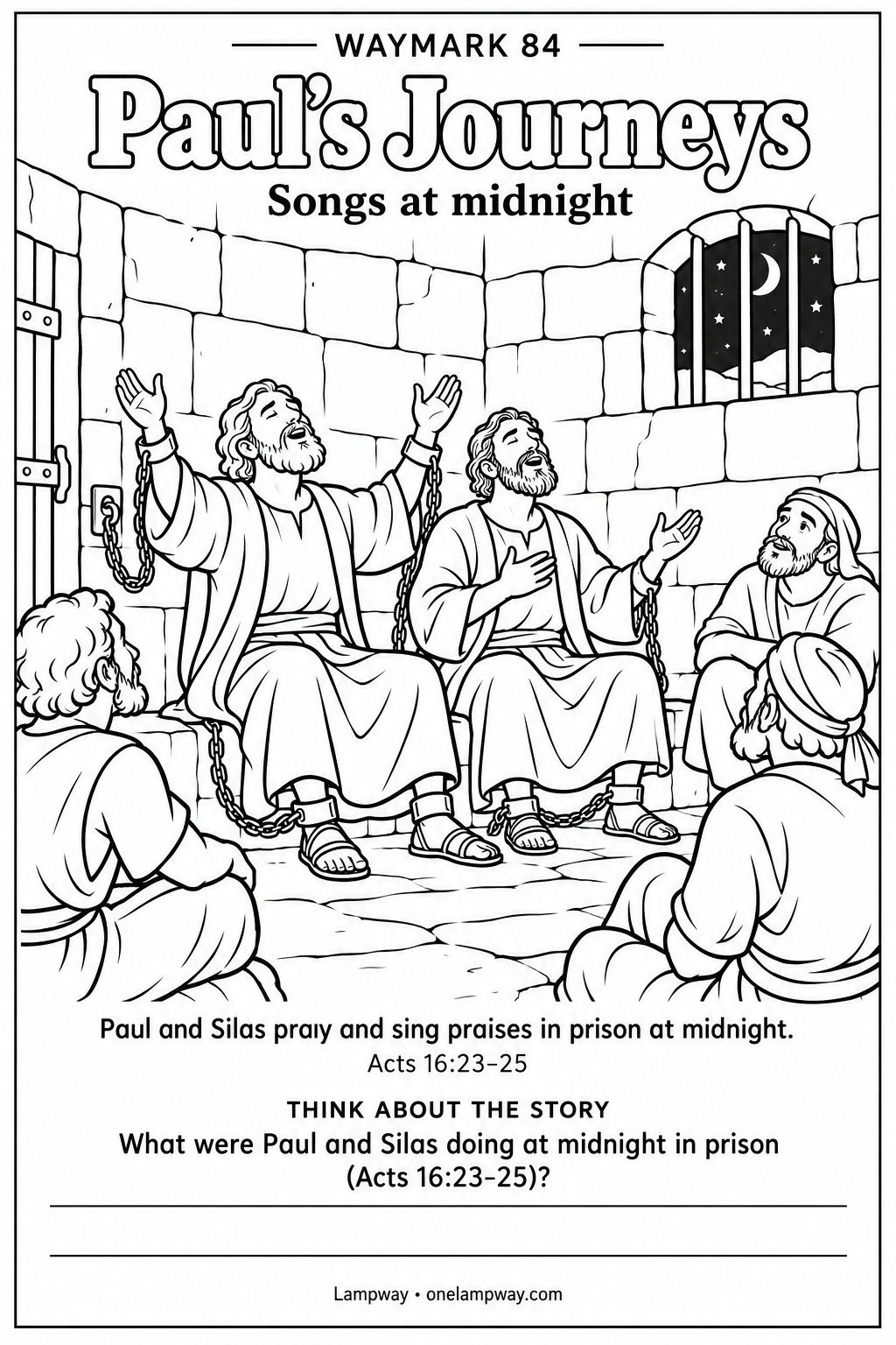 Paul and Silas pray and sing praises in prison at midnight. Acts 16:23-25. What were Paul and Silas doing at midnight in prison (Acts 16:23-25)?